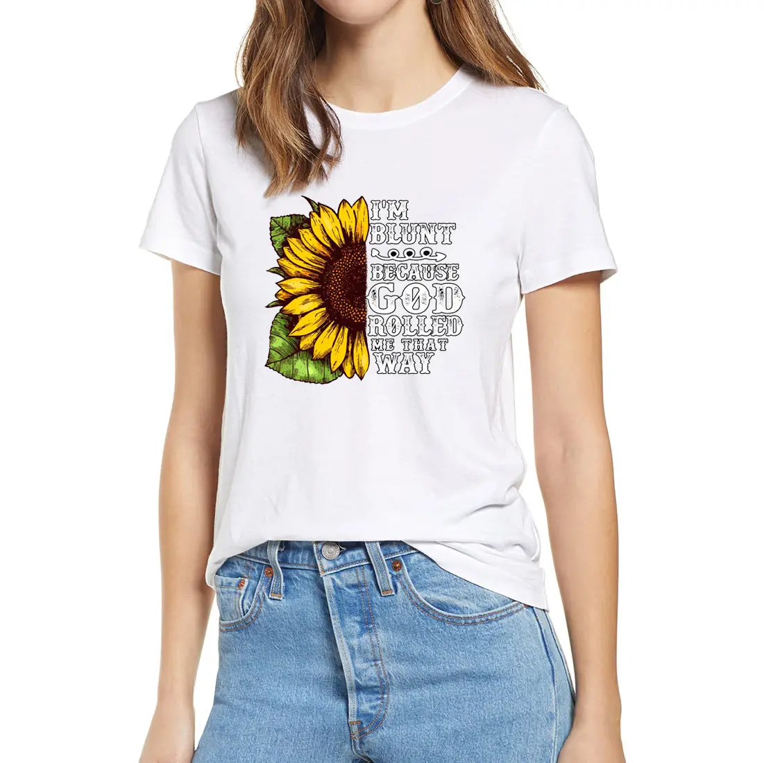Unisex Christ Sunflower Im Blunt Because God Rolled Me That Way Women's 100% Cotton Short Sleeves T-Shirt Gift Soft Tops Tee