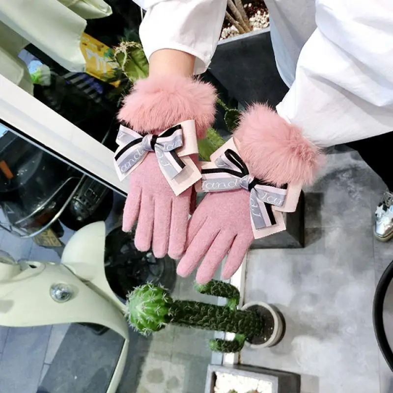 Ladies Rabbit Fur Mouth Cashmere Gloves Korean Fashion Winter Warmth Thickening Contrast Letter Bow Touch Screen Finger Gloves