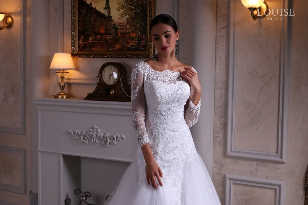 • Nuovo 2021 pizzo Tulle lungo A-line modesto 3/4 maniche fuori dalla spalla in rilievo Appliques abito da sposa su misura abiti da sposa