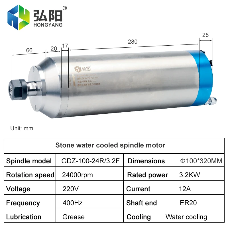 CNC หินการประมวลผล 3.2kw ER20 มอเตอร์ระบายความร้อนด้วยน้ํา 4 แบริ่ง 220V 380VΦ100X320MM, ใช้สําหรับ CNC Router แกะสลักเครื่อง