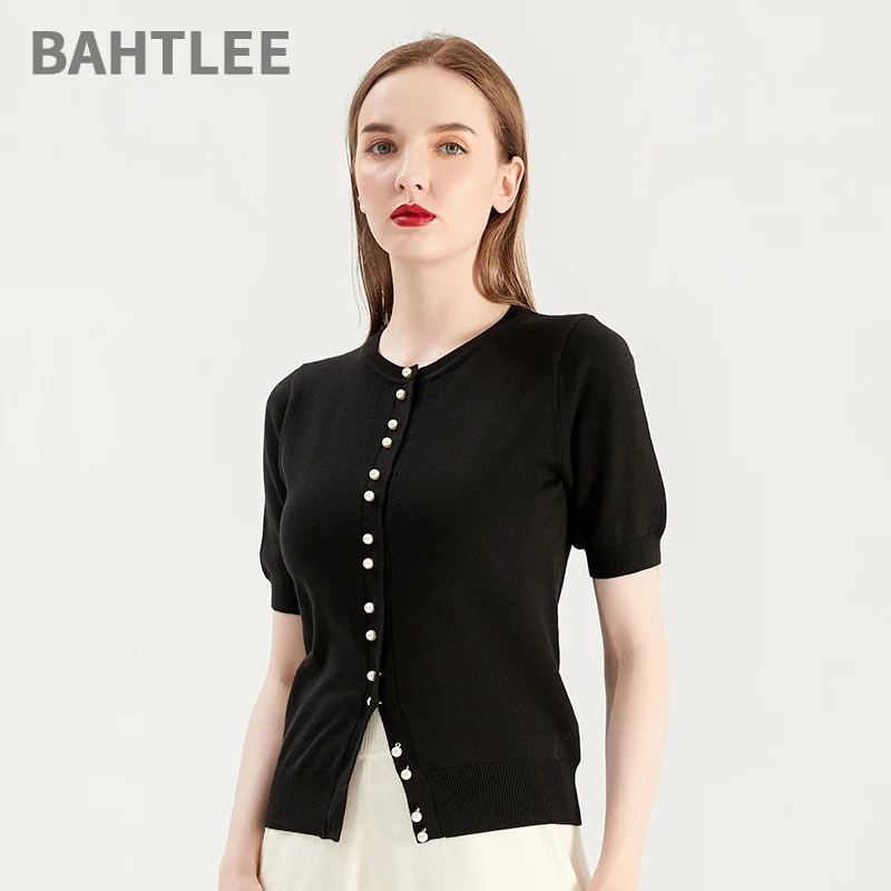 BAHTLEE-Merino Wool Cardigan for Women, O-Neck Sweater, Short Sleeves, Pearl Button, Spring and Summer Coat, 4 Colors