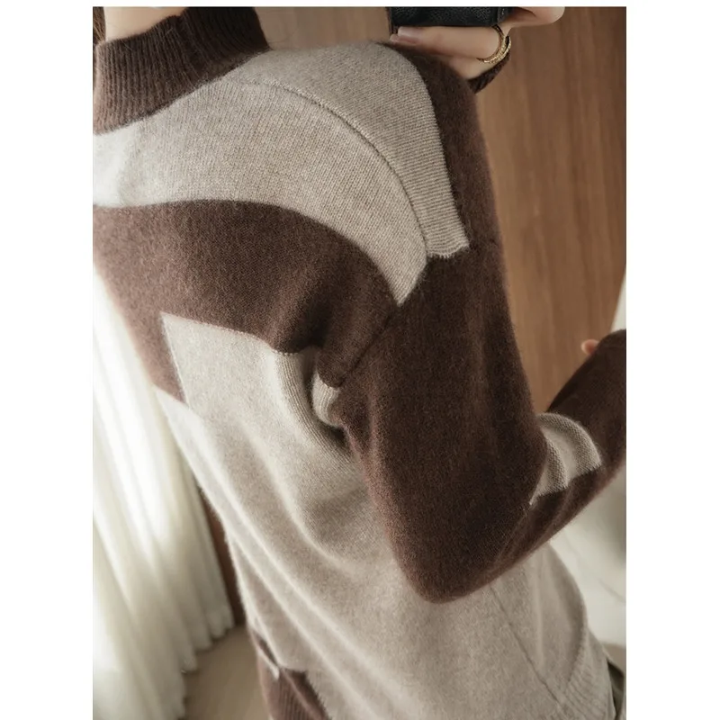 Autumn and Winter New Woolen Sweater Women\'s Long-Sleeved Pullover Stitching Top Round Neck Loose 100% Pure Wool Knit Sweater