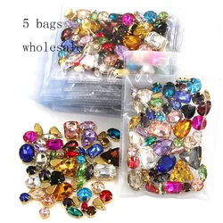 Wholesale 5 bags mixed shape mix colors gold base sewing glass crystal rhinestones for clothing/wedding dress