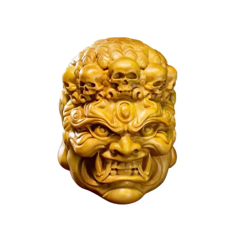 

Boxwood Carving Fudo Ming Wang Buddha Head Handle, Wooden Hand-carved Evil Spirit Crafts, Men's Portable Pendant Statues