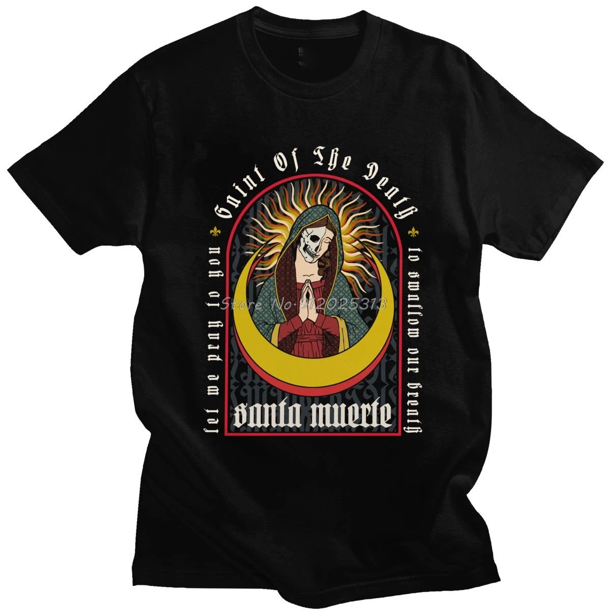 Fashion La Santa Muerte T Shirt Men Short Sleeve Cotton Streetwear T-shirt Saint Of The Death Tee Goth Mexican Skull Tshirt Gift