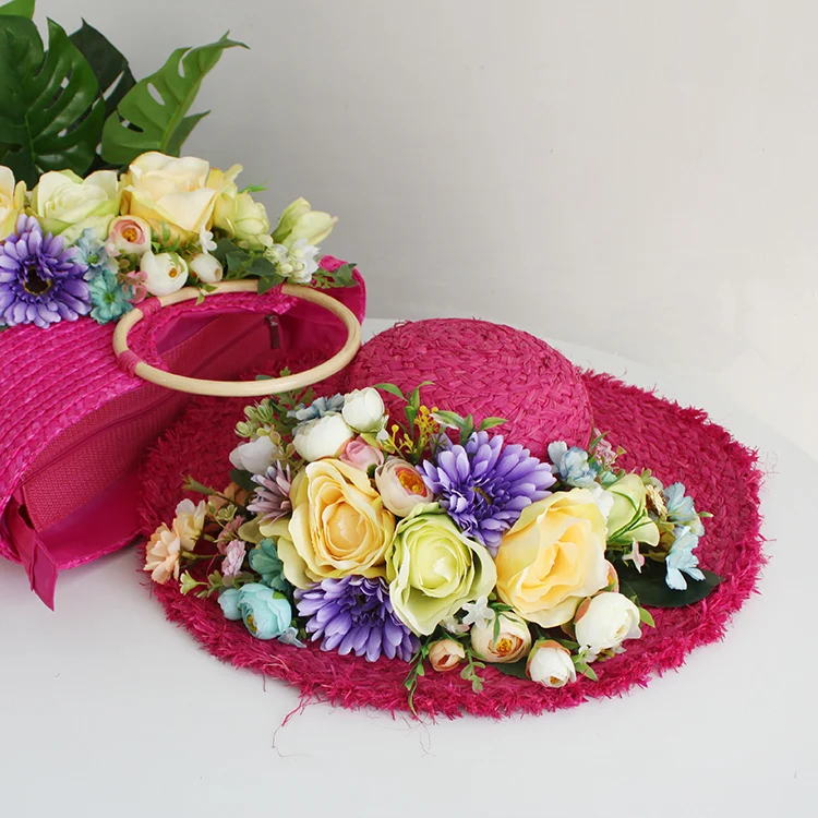 Bohemia Women Flower Beach Bag Summer Lace Rattan Handbag and Hat Suit Multicolor Artificial Flowers Weave Straw Casual Tote