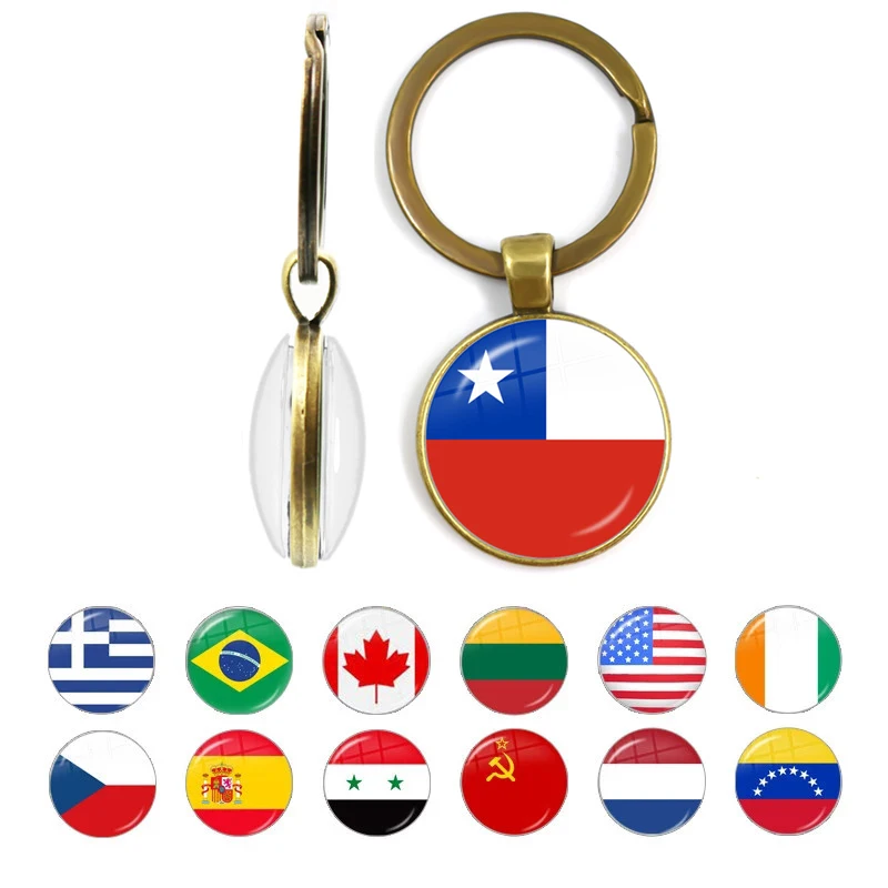 

National Flag Double-side Keychain the United States,Russia,Chile,Germany,Brazil Flag Glass Cabochon Keyring Gift
