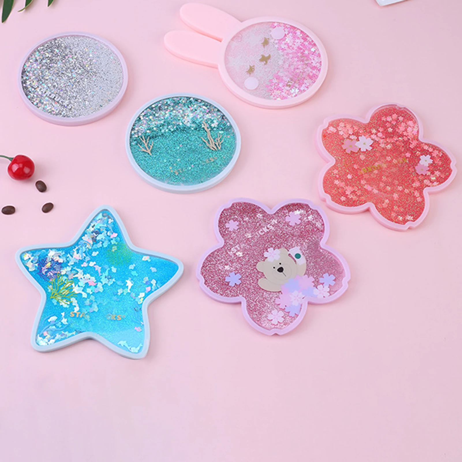 Cute Coaster Non Slip Rabbit Romantic Cherry Blossom Season Ocean Rainbow Quicksand Water Cup Mug Placemat Insulation Pad