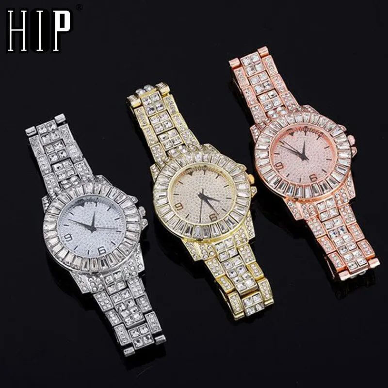 

Hip Hop Luxury Mens Iced Out CZ Baguette Waterproof Watches Date Quartz Wrist Watches With Micropave Alloy Watch For Men Jewelry