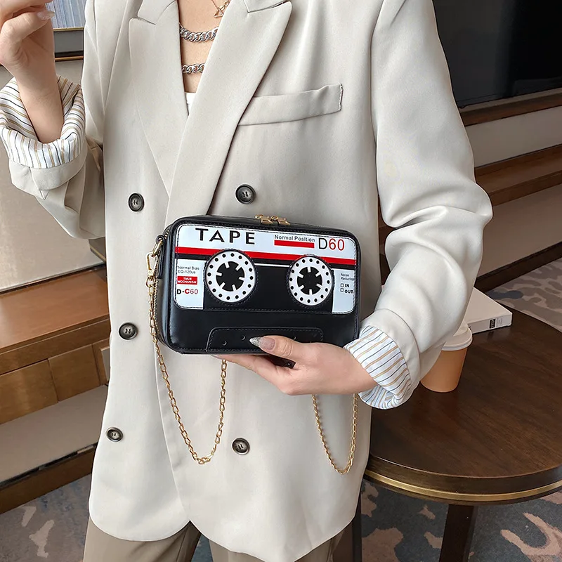 Women Retro Cassette Shoulder Bag Tape Shaped Recorder Crossbody Purse Elegant Banquet Evening Handbag for Girls