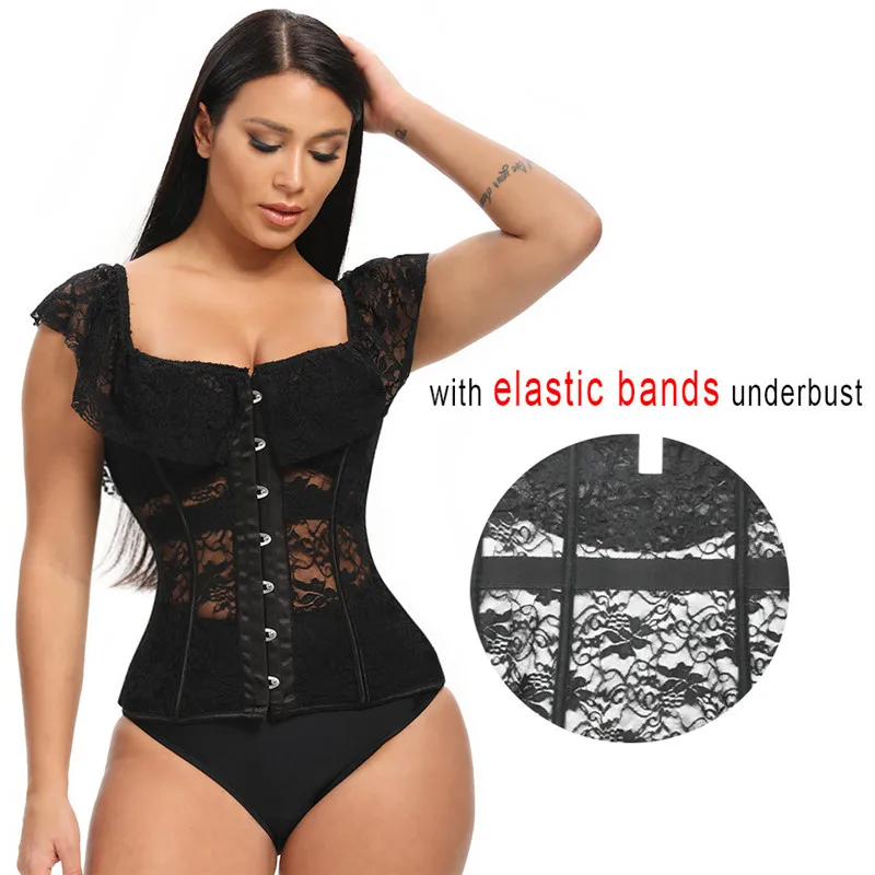 Steampunk Corset Tops Bustiers Sexy Lingerie Erotic Corselet Transparent Off The Shoudler Lace Sleeve Woman Gothic Clothing