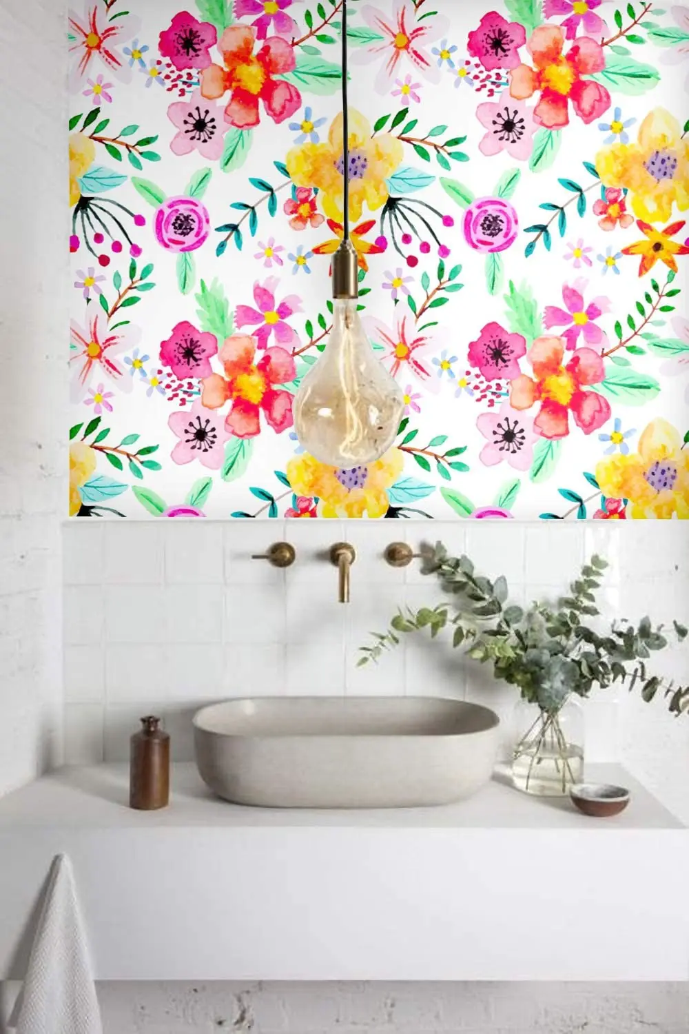 HaoHome Peel and Stick Handpainting Seamless Watercolor Red/Yellow/Purple Flower Green Leaves Self-Adhesive Contact Paper