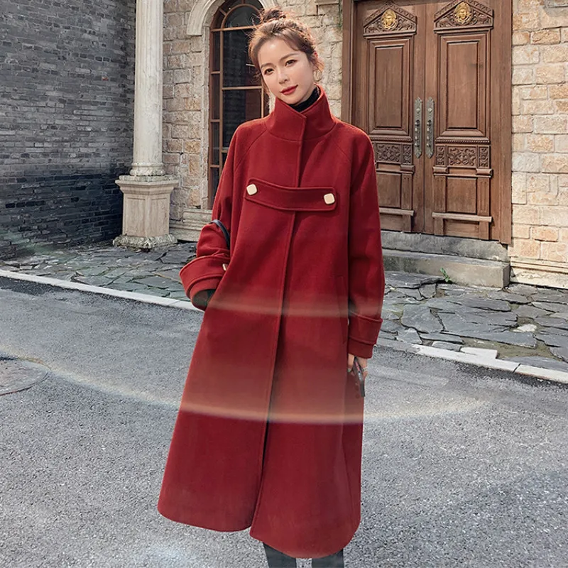 

Autumn Winter Women Red Woolen Coat Stand Collar Covered Button Long Trench Jacket Office Lady Elegant Loose Overcoat