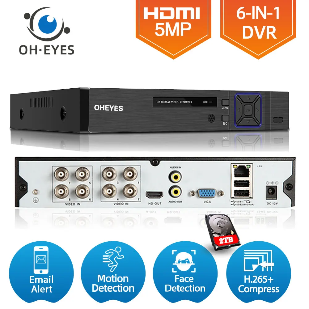 

8CH 6 IN 1 DVR NVR Hybrid Recorder 5MP Face detection CCTV Digital Surveillance Video Recorder H.265 XMEYE AHD DVR System 4CH