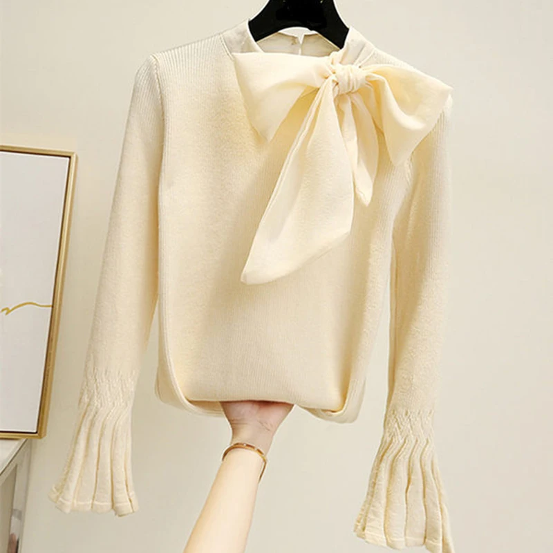 LJSXLS 2023 Autumn Winter Korean Fashion Women Clothes White Slim Knitted Sweater Elegant Bow Pullover Flare Sleeve Tops Female