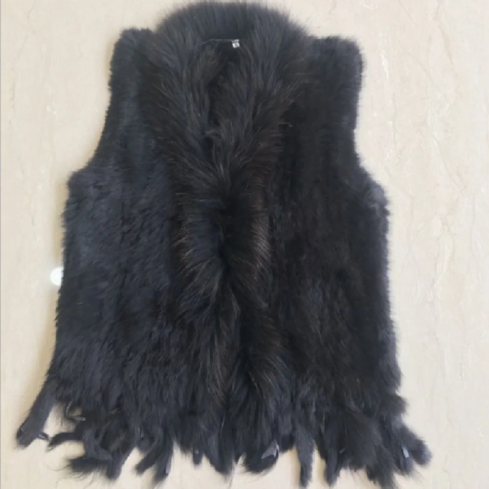 raccoon dog fur collar trim women knitted natural rabbit fur vest gilet/waistcoat high quality hot sale retail/wholesale