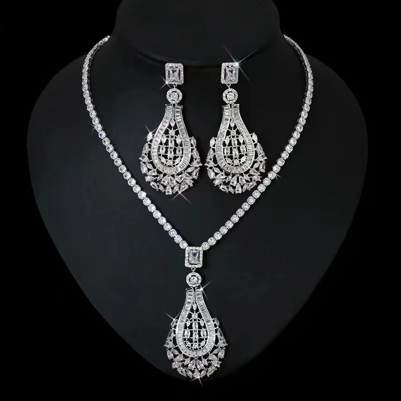 

EYER Women Trendy High Quality AAA Cubic Zirconia Drop Necklace Earrings Jewelry Set for Women Bridal Wedding Dress Accessories