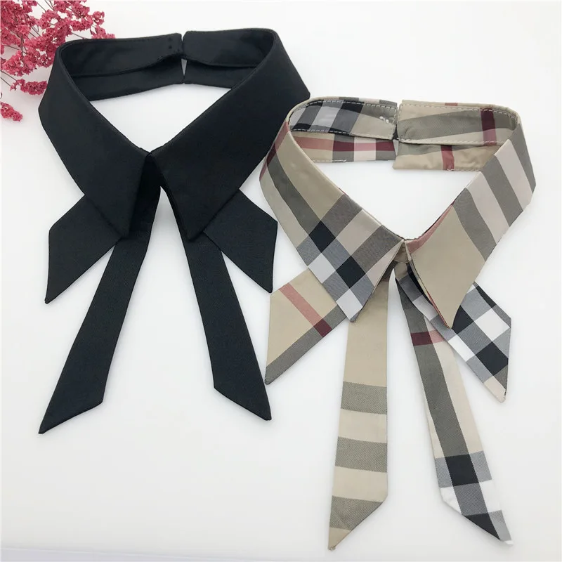 European Retro Plaided Long Women Fake False Cotton Collar Decorative Bowknot Removal Choker Blouse Shawl Bowtie Neck Tie