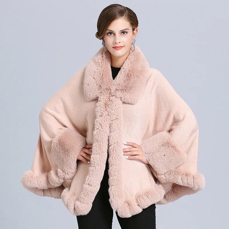 4 Colors Women Cardigan Mantle Loose Poncho Cape Winter Streetwear Coat With Batwing Sleeves Warm Big Faux Fox Fur Neck Cloak