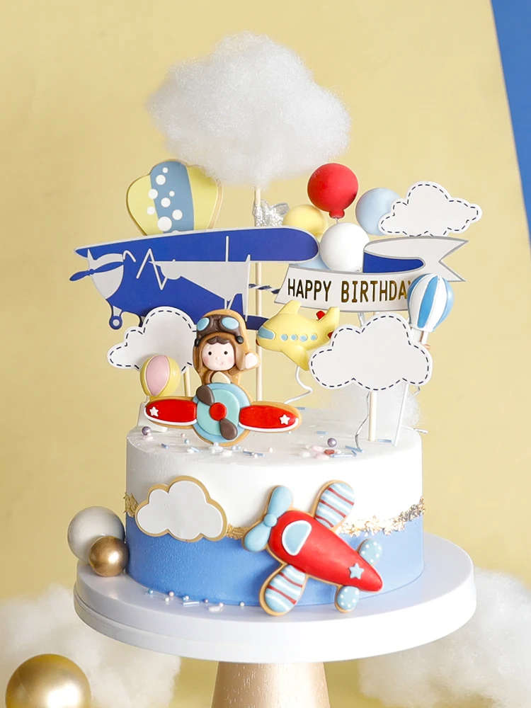 Cartoon Cloud Airplane Cake Topper Fighter Windmill Boy Pilot Happy Birthday Party for Kid Party Cake Decoration Sweet Gifts