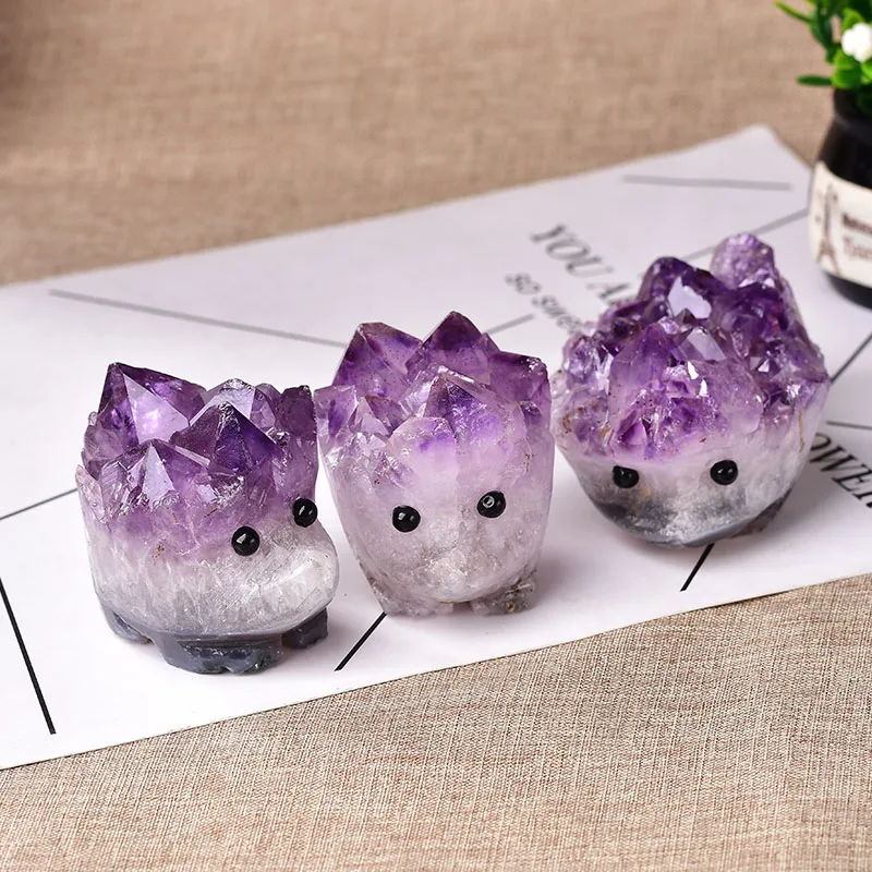 Natural Amethyst Hedgehog Figurine Crystal Cluster Quartz Ore Magic Cure Crystal Ornaments Available Home Decoration DIY Gift