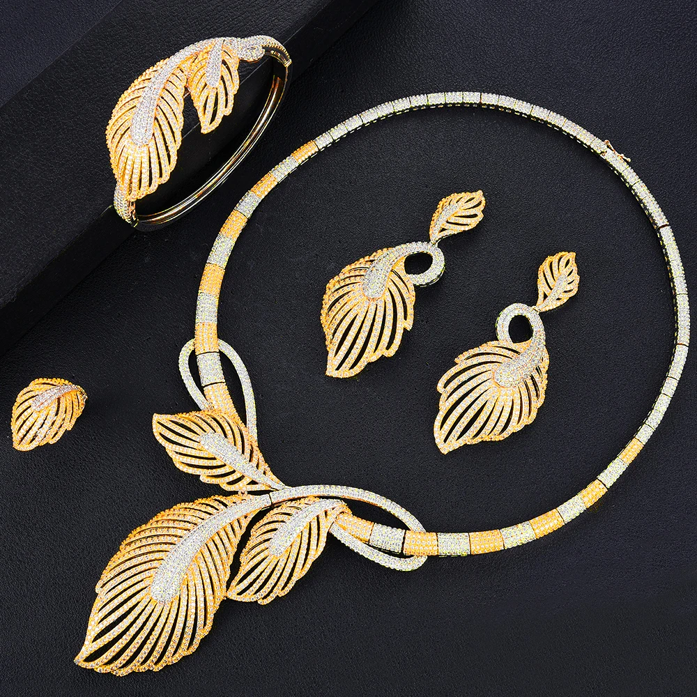 Kellybola High Quality Fashion Luxury Zircon Leaf Earrings Necklace Bangle Ring Set Women's Wedding Banquet Celebration Jewelry