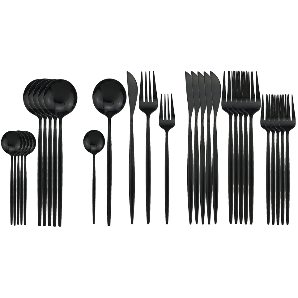 30Pcs Black Dinnerware Set Stainless Steel  Dessert Fork Mirror Cutlery Set Tableware Set Flatware Set Home Accessories