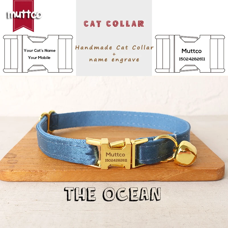 Engraved MUTTCO retail with platinum high quality metal buckle collar for cat THE OCEAN design cat collar 2 sizes UCC115B