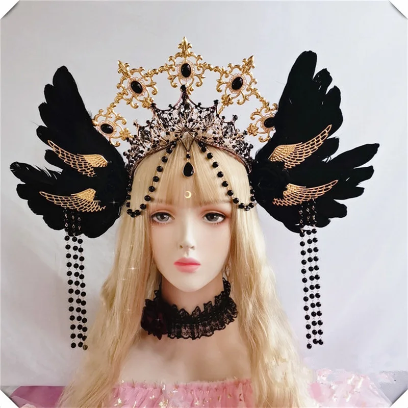 Lolita Sun Godmother's Crown copricapo KC Gothic White Rose Angel Wings Virgin Mary Bead Chain barocco Tiara accessori per capelli