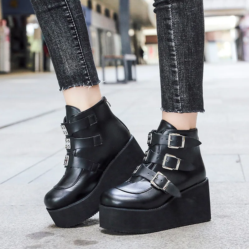 Size 42 43 Goth Shoes Winter Buckle Ankel Boots Women Punk Female Platform Boots Wedges High Heels Women Boots Botas Mujer