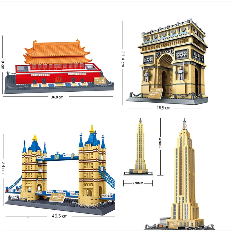 Wange Architecture Taj Mahal Eiffel Tower Louvre Pair London Big Ben Tower Bridge Russia New York Model Building Blocks Toys