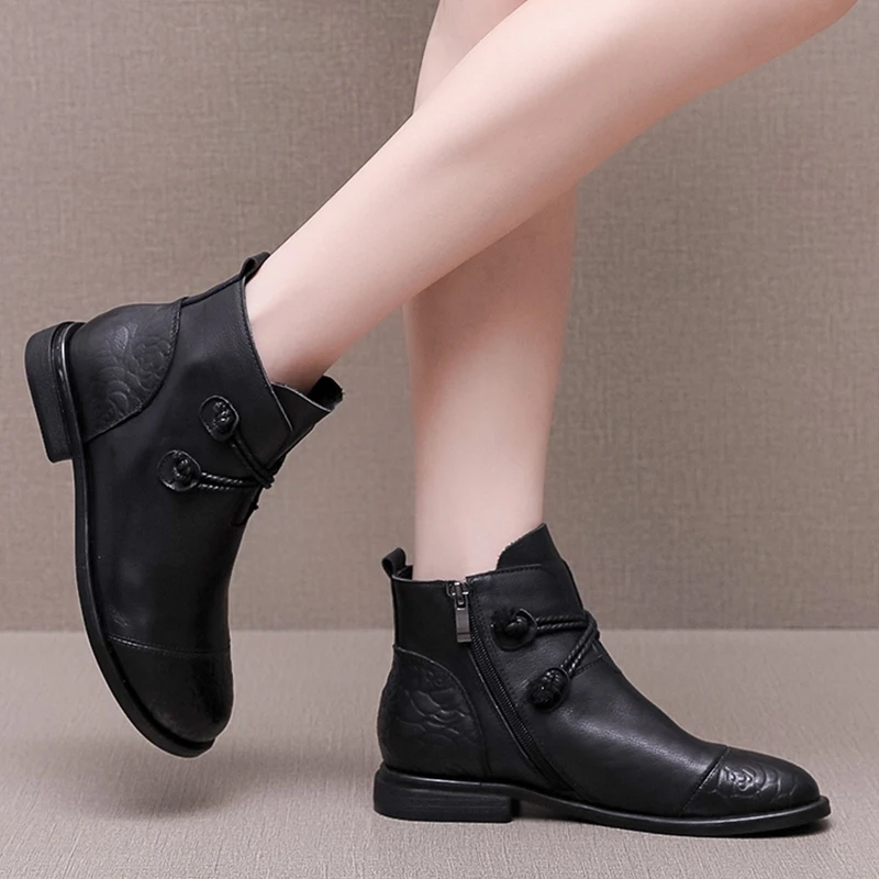 GKTINOO Autumn Winter Genuine Leather Flat Ankle Boots For Women Warm Boots Side Zipper Soft Comfortable Cow Leather Botas