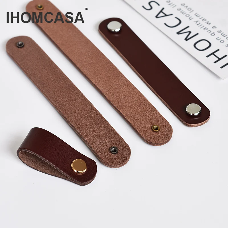 IHOMCASA Brown Leather Knobs European Retro Furniture Drawer Wardrobe Door Handle Cupboard Shoe Cabinet Cowhide Pulls Knob