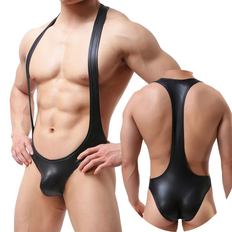 Gay Underwear Mens Lingerie Sexy PU Bodysuit Jockstrap Wrestling Singlet Leotard Jumpsuit Suspender Overalls Sexy Gay  Underwear