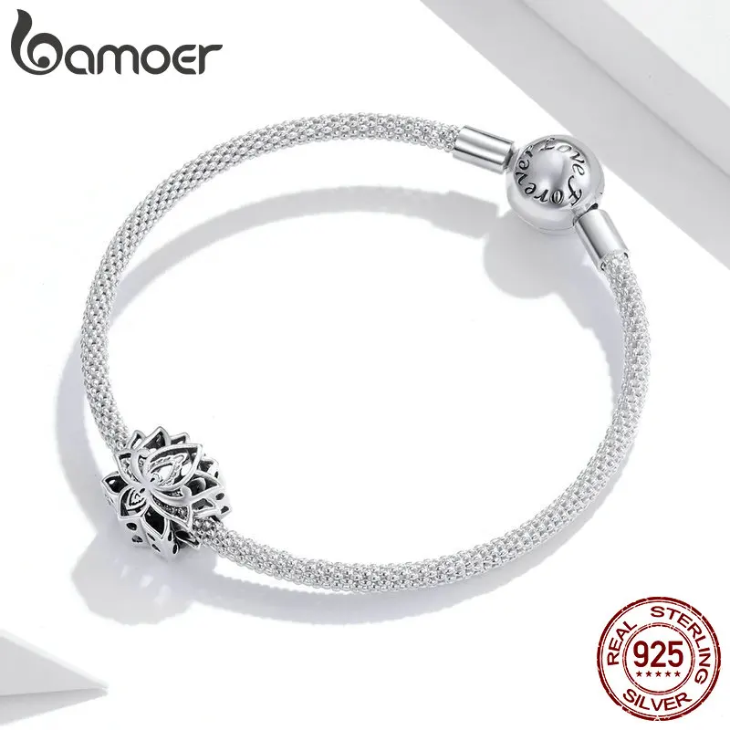 bamoer 925 sterling silver Blooming Lotus Metal Charm fit Original Silver Bracelet Bangle girls DIY Jewelry beads gifts SCC1724