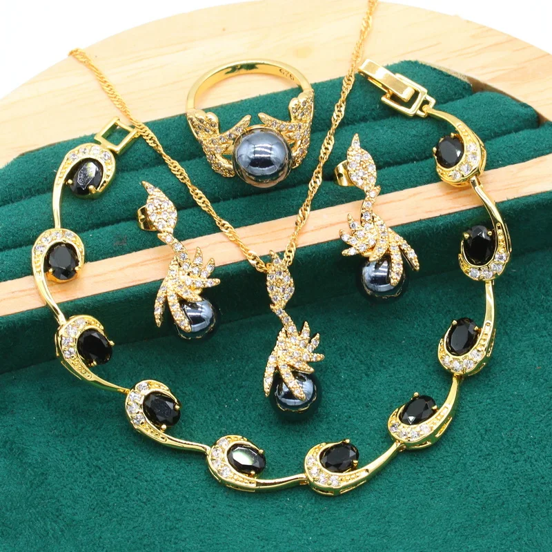 New Arrivals Gold Color Pearl Jewelry Set for Women Black Zircon Bracelet Earrings Necklace Pendant Ring  Wedding Gift