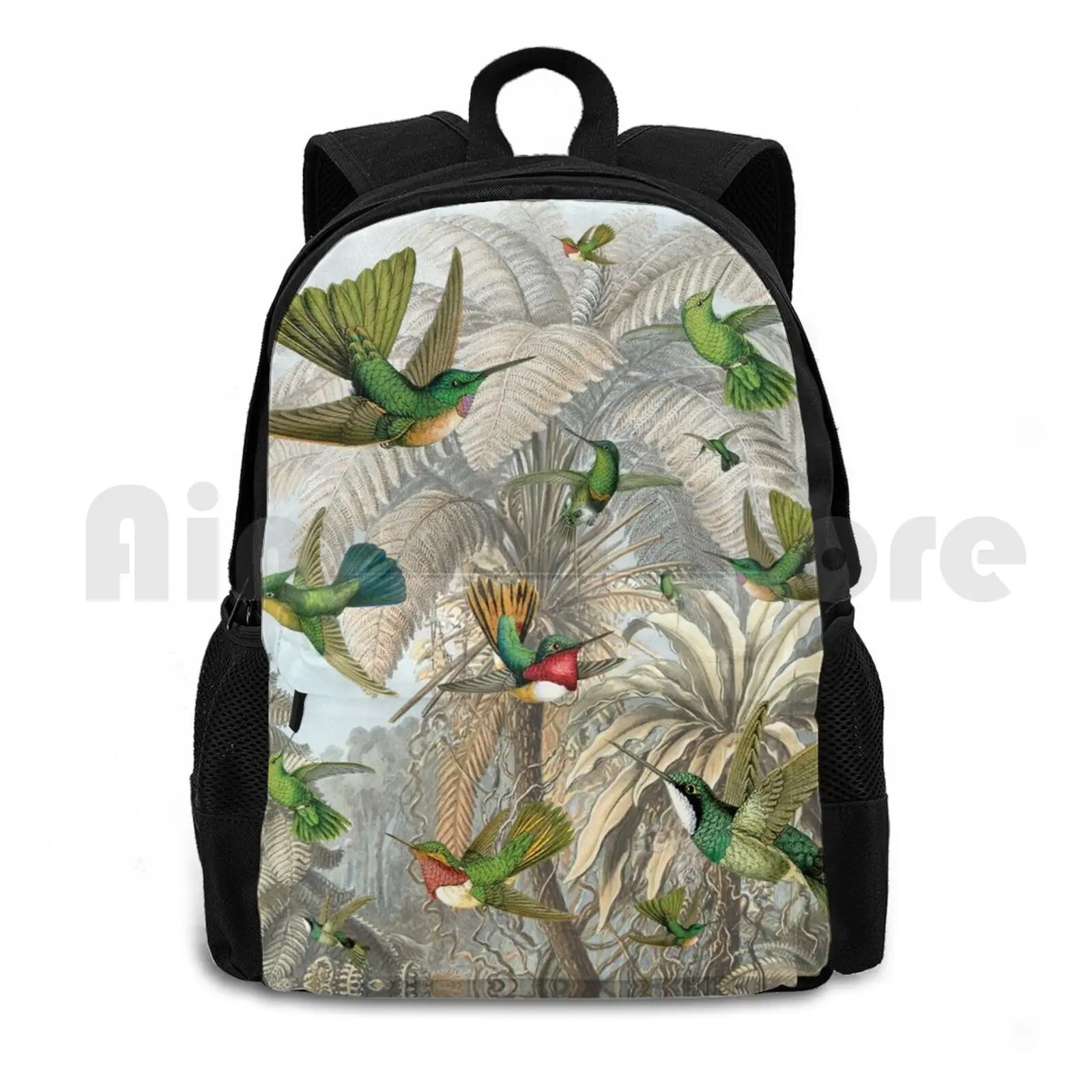 Hummingbirds Outdoor Hiking Backpack Riding Climbing Sports Bag Tropical Palmtree Palm Palm Leaves Green Emerald Green Vintage