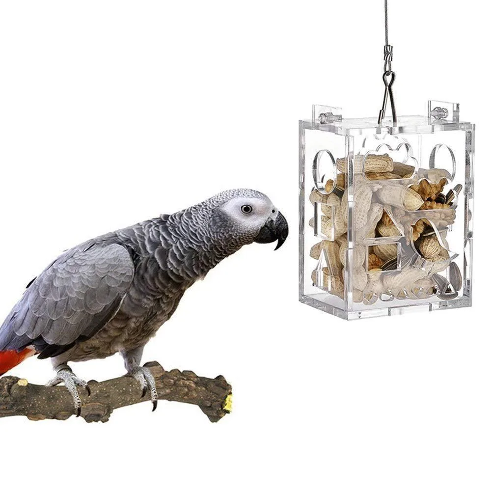 Behogar Funny Transparent Acrylic Bird Parrot Hanging Foraging Feeder Feeding Box Educational Toy for Budgies Parakeet Cockatoo