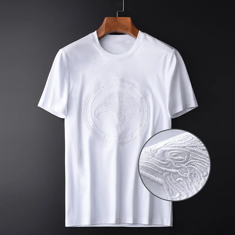 

100% Cotton Mens T-shirt Luxury Eagle Head Embroidered Short Sleeve Man T-shirts Plus Size 4xl Solid Color O-neck Men Tee