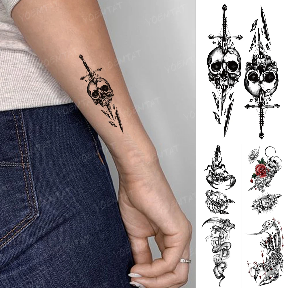 

Skull Rose Temporary Tattoo Sticker Spider Cross Scorpion Snake Men Old School Waterproof Tatto Body Art Cool Things Tatoo Women