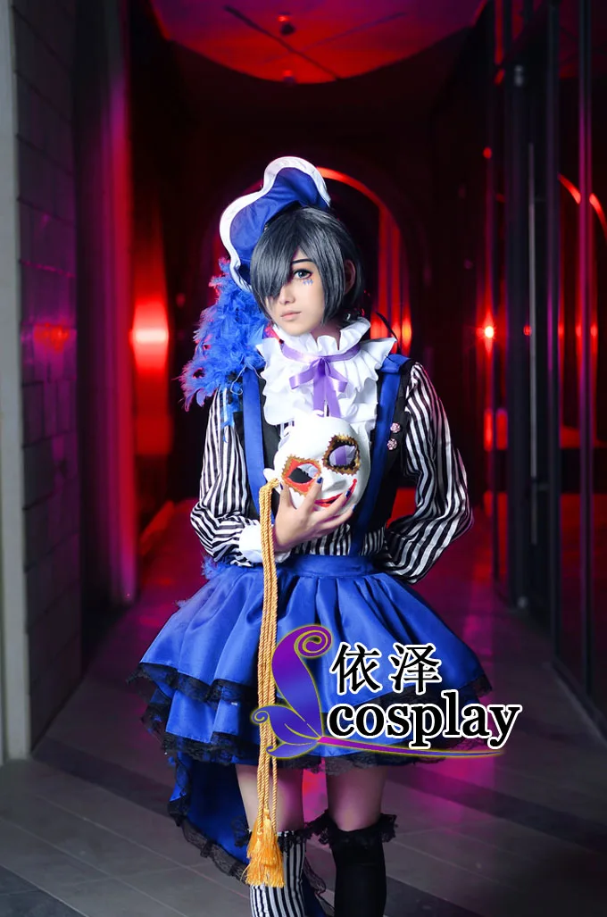 Ciel Phantomhive Ciel Cosplay Set Circus Costume Blue Overall Black 5 in1 shirt+waistcoat+shorts+hat+tie