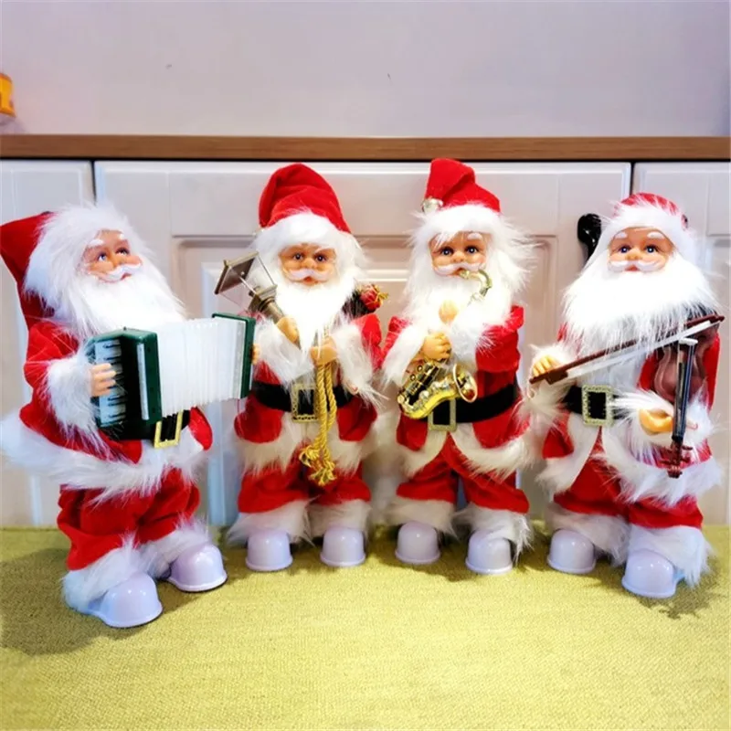 Hadiah natal mode baru 30cm elektrik Santa Claus dengan instrumen musik ornamen dekorasi boneka mewah mainan anak-anak