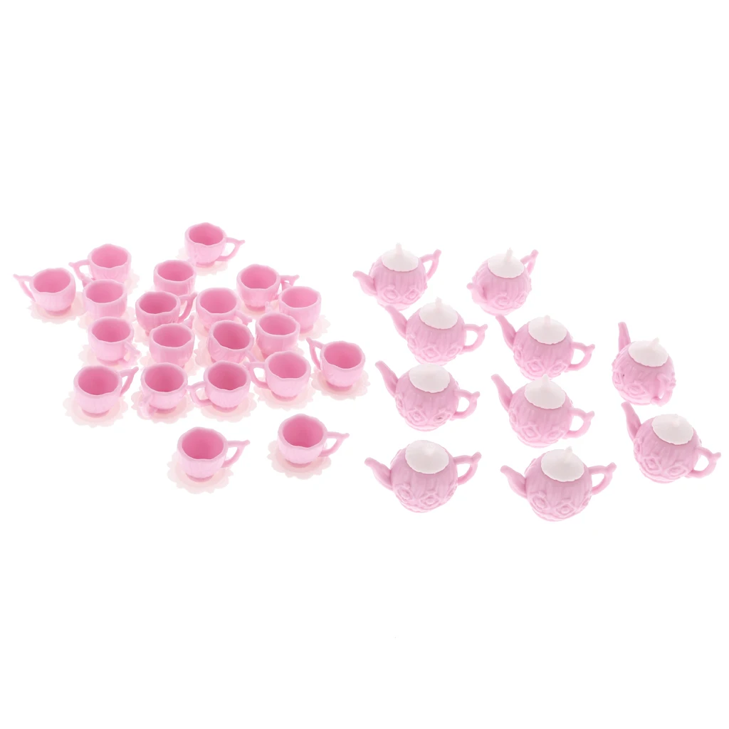 10 Sets Dollhouse Miniature Tableware Accs Plastic Pink Tea Pot with Cups