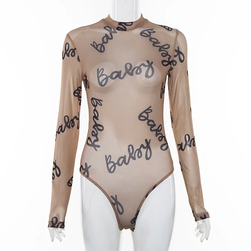 2024 Summer Sexy Letter Print Transparent Mesh Bodysuits Long Sleeve See Through Baby Bodycon Rompers Women Jumpsuits