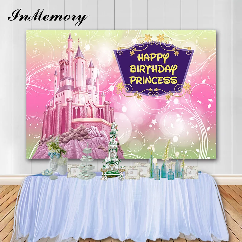 

inmemory Pink Princess Photography Background Castle Girl Birthday Party Photo Backgrounds Customize Banner Vinyl Photocall