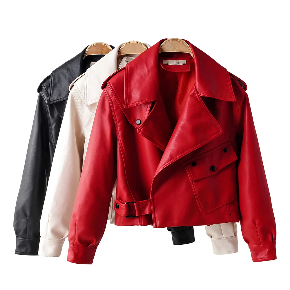 Chaqueta de motorista de cuero de imitación con Bolsillo grande para mujer, abrigo ajustado en rojo y negro, informal, de marca, a la moda