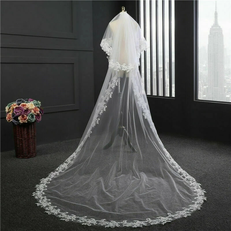 White/Ivory Two Layers 4M Wedding Veil With Comb Lace Mantilla Cathedral Bridal Veils Wedding Accessories Veu De Noiva