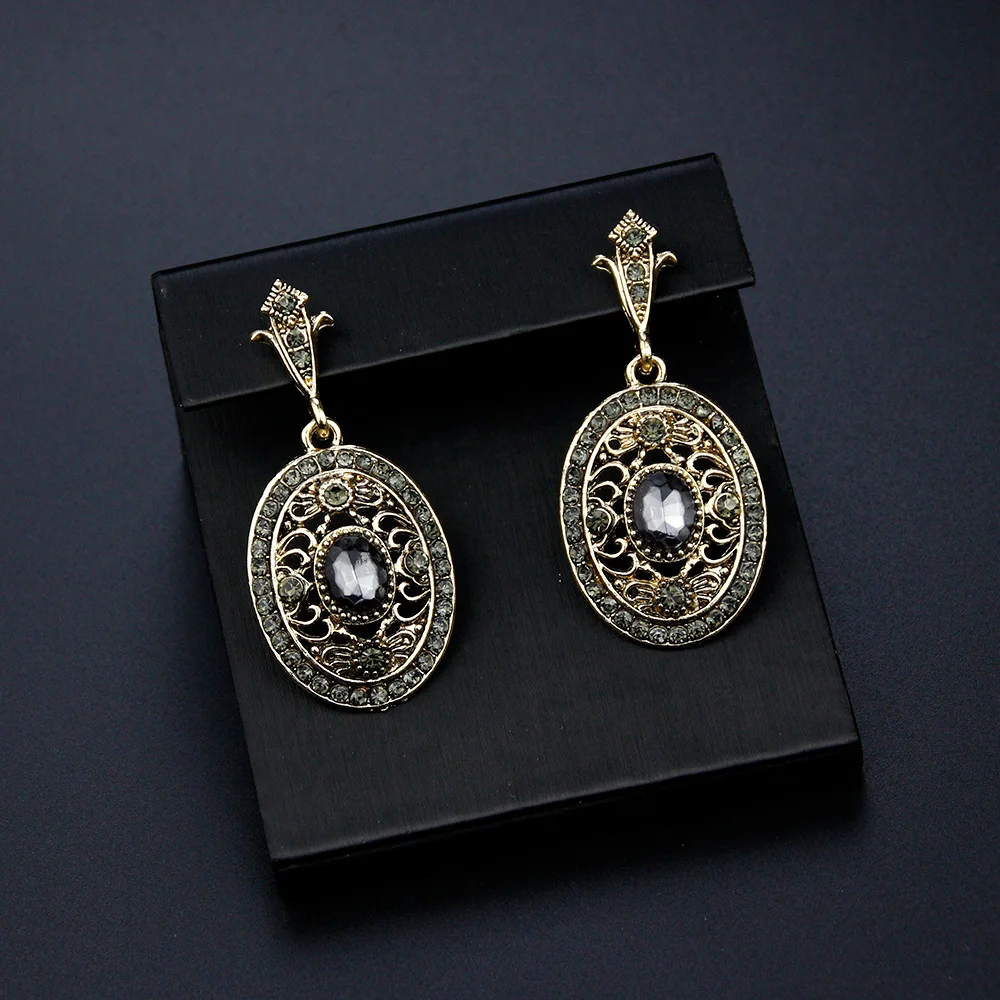 Sunspicems Vintage Bohemia Style Women Earring Necklace Ring Sets Antique Gold Color Turkish Indian Gray Crystal Jewelry Sets