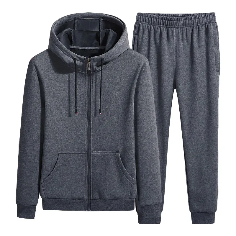 

2020 Winter Men Plush Thick Hoodie Solid Color Casual Zipper Coat Elastic Band Trousers Comfortable And Warm Boys Two Piece Suit