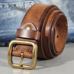 3.8Cm Mannelijke Lederen Koperen Gesp Handgemaakte Eerste Pure Koeienhuid Retro Alle-Wedstrijd Casual Jeans Zachte Riem Bruin Zwart luxe